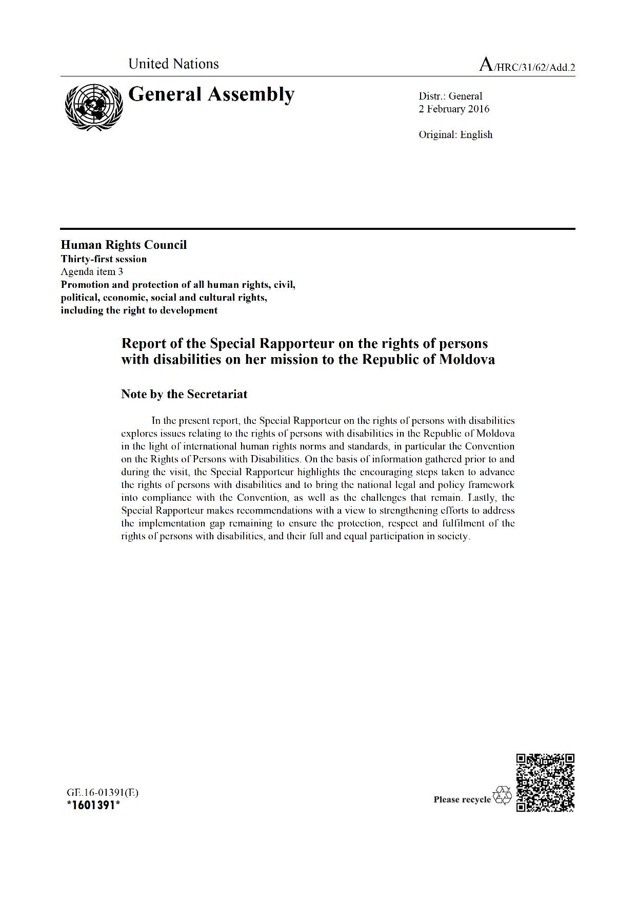 Report of the Special Rapporteur on the rights of persons  with disabilities on her mission to the Republic of Moldova