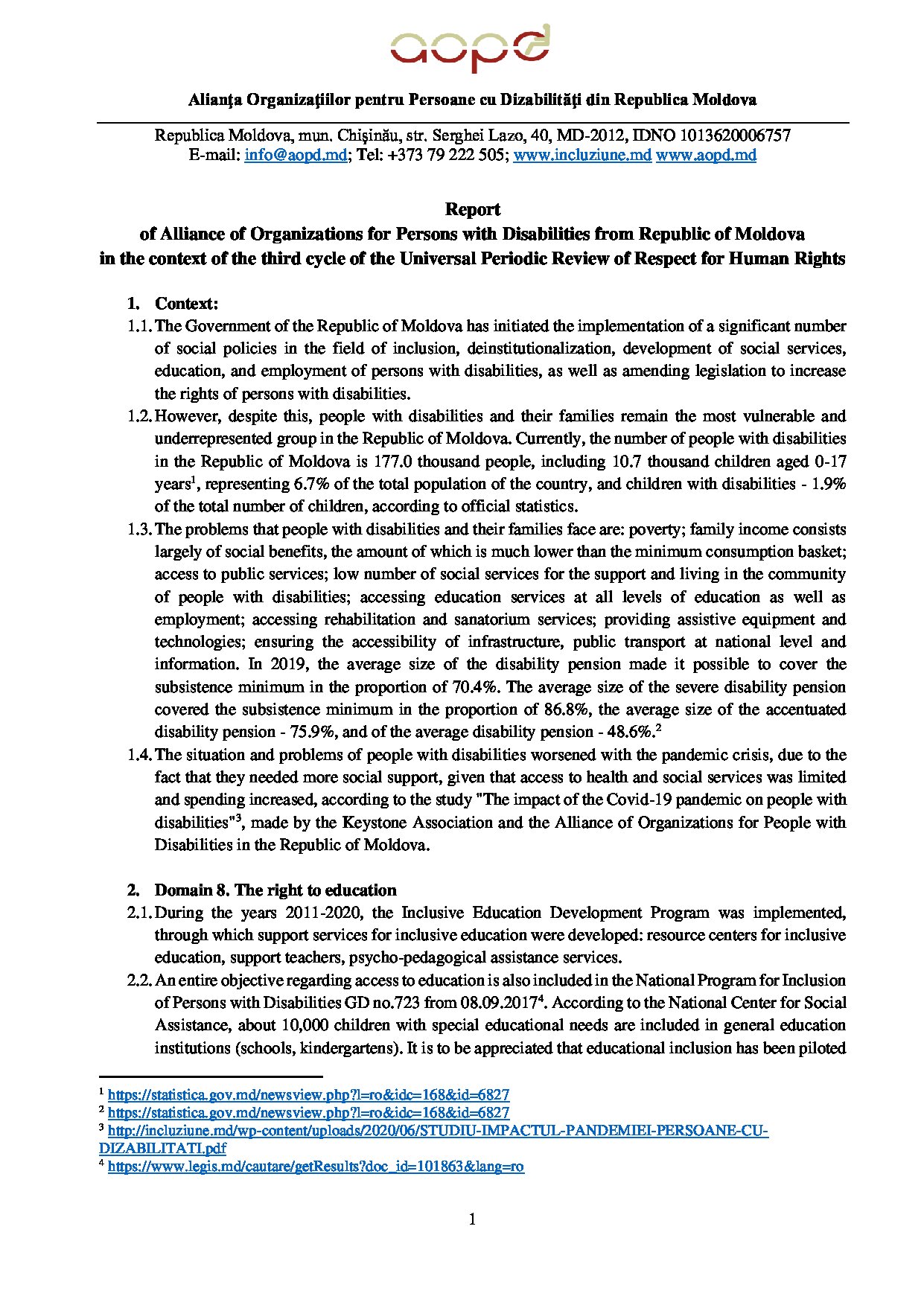 Report of Alliance of Organizations for Persons with Disabilities from Republic of Moldova in the context of the third cycle of the Universal Periodic Review of Respect for Human Rights